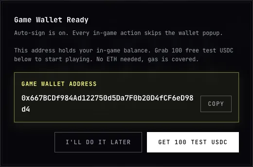 Game Wallet Ready dialog shown after a successful sign-in